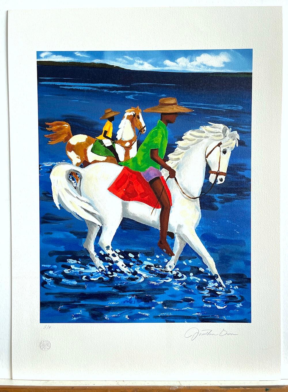 FATHER & SON Signed Lithograph, Horseback Riding Lowcountry SC, Gullah Culture - Contemporary Print by Jonathan Green