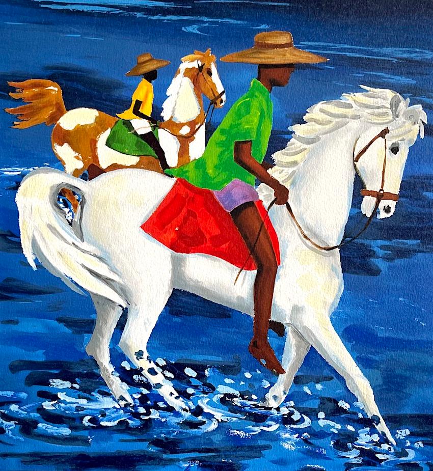 PADRE E FIGLIO Litografia firmata, Equitazione Lowcountry SC, Cultura Gullah - Landscape Print Blu di Jonathan Green