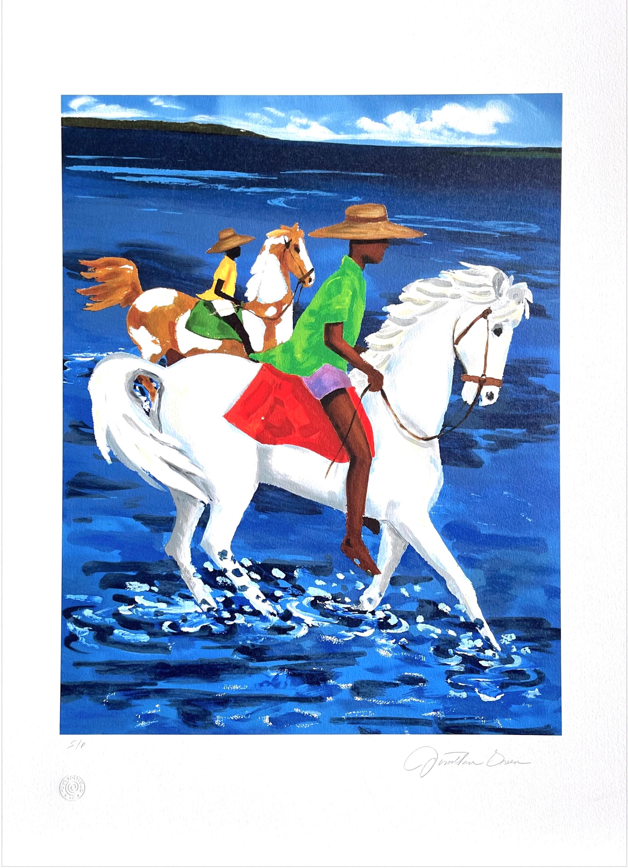 FATHER & SON Signed Lithograph, Horseback Riding Lowcountry SC, Gullah Culture