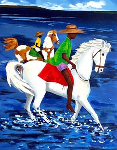 Lithographie signée FATHER & SON, chevauchant à cheval dans le Lowcountry SC, culture Gullah