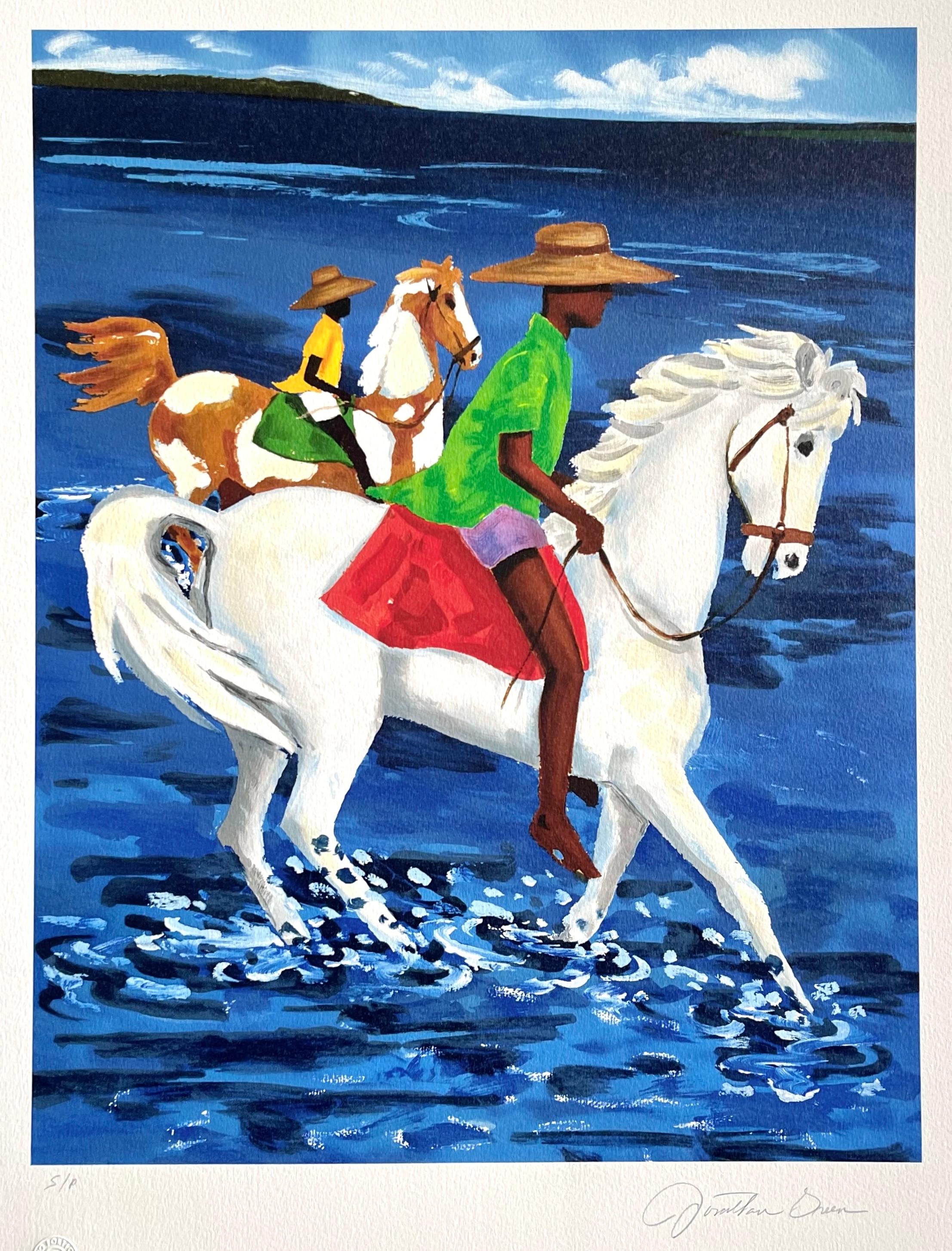 Jonathan Green Landscape Print - FATHER & SON Signed Lithograph 1993 Contemporary Gullah Scene, Lowcountry SC