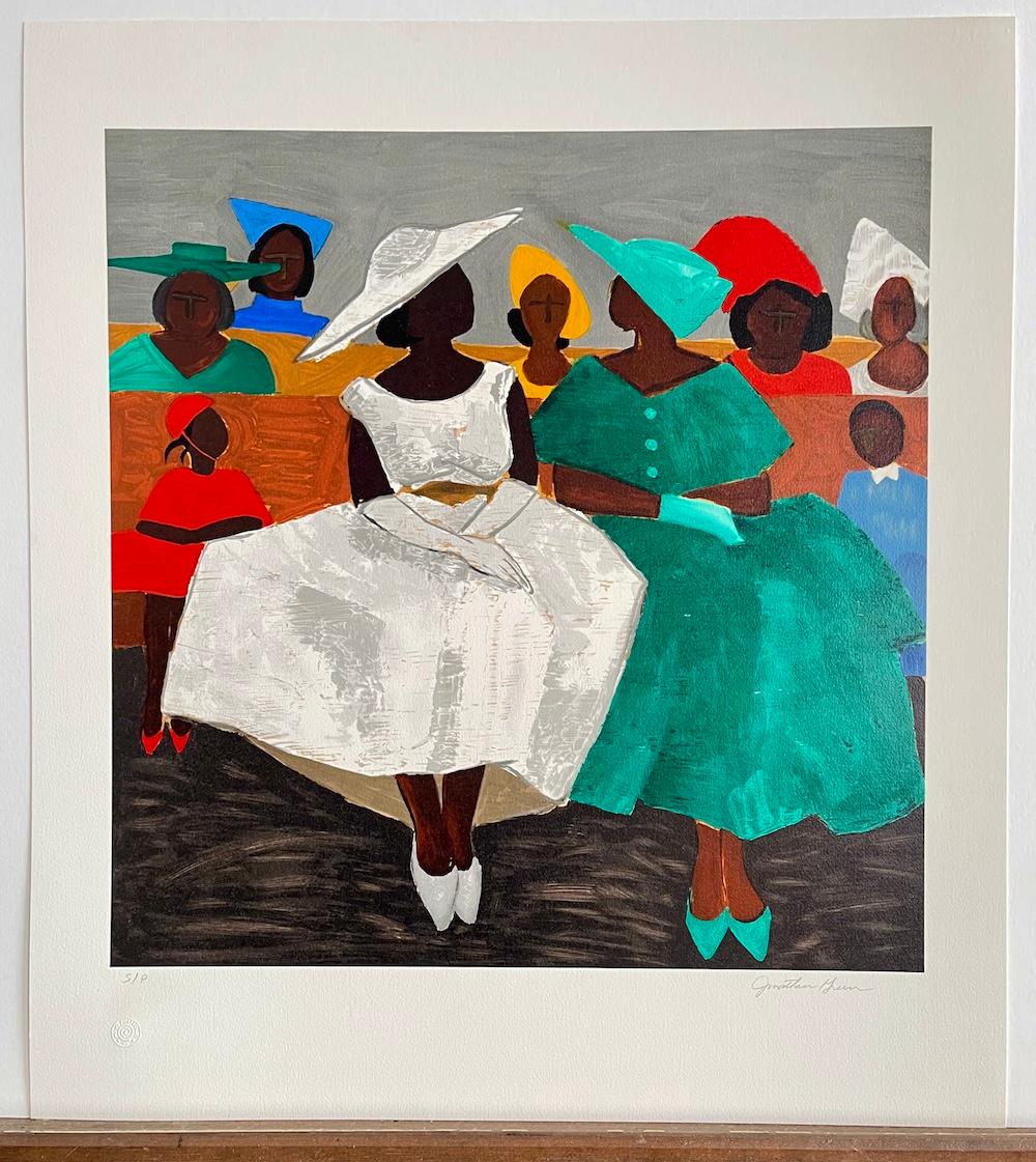 PRIMA DOMENICA Litografia firmata, Donne della Chiesa Nera, Cappelli Bambini Cultura Gullah in vendita 5