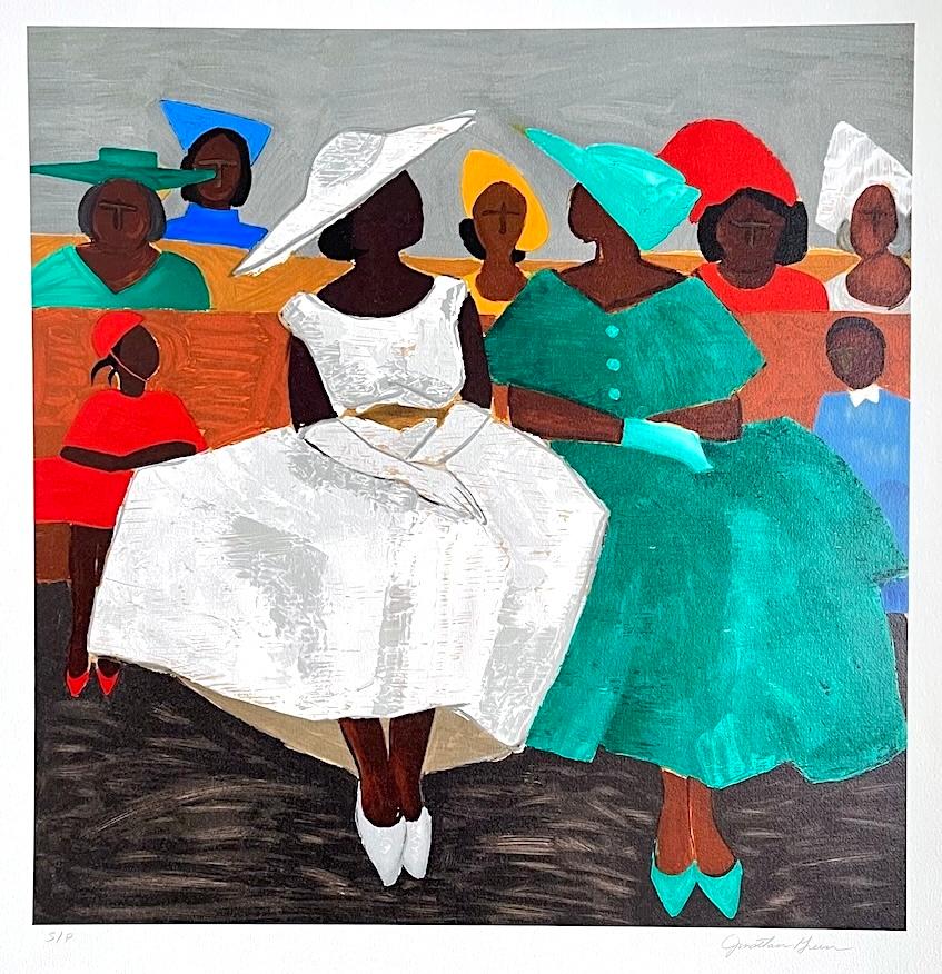 PRIMA DOMENICA Litografia firmata, Donne della Chiesa Nera, Cappelli Bambini Cultura Gullah - Print di Jonathan Green