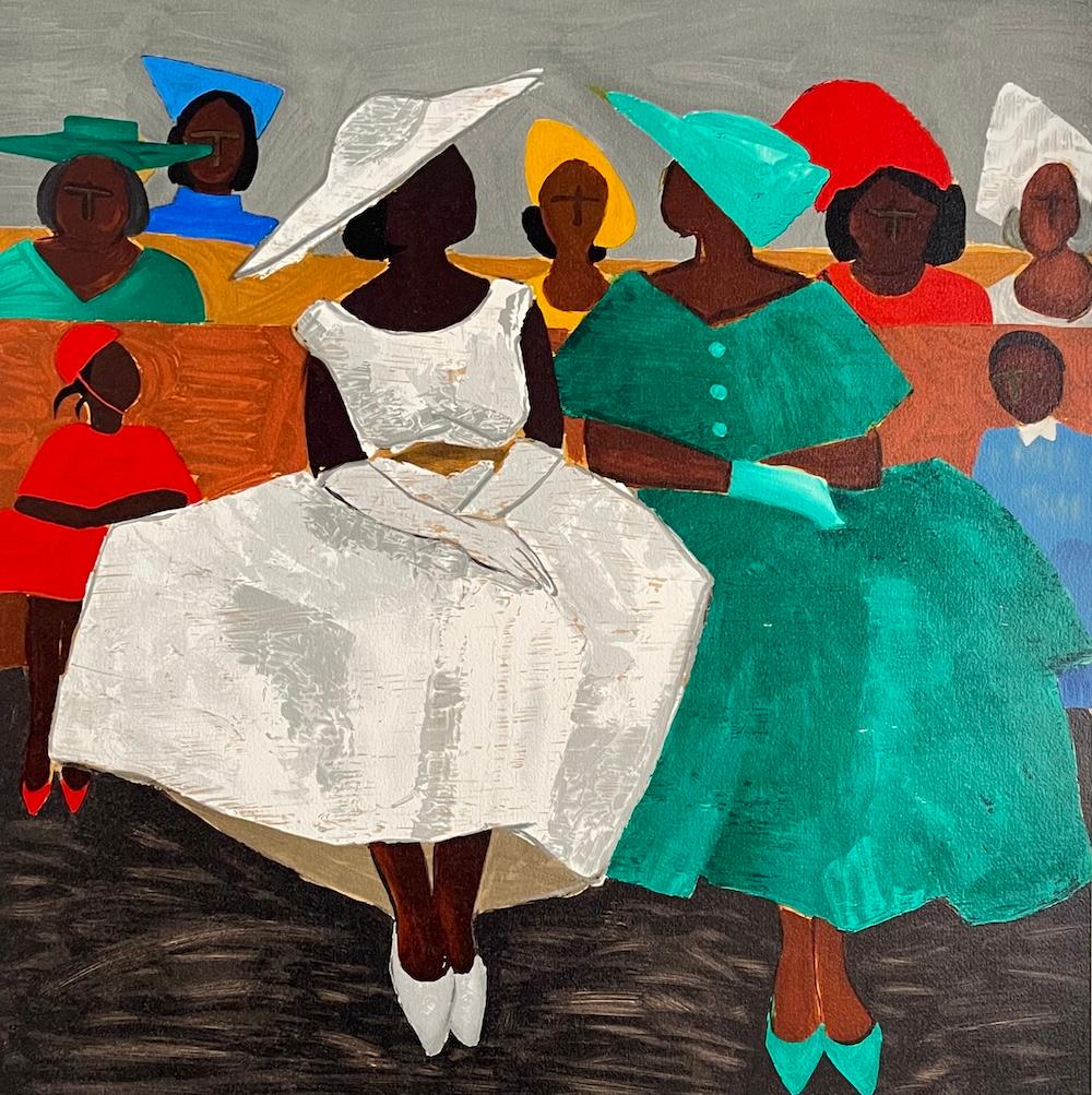PRIMA DOMENICA Litografia firmata, Donne della Chiesa Nera, Cappelli Bambini Cultura Gullah - Print Contemporaneo di Jonathan Green
