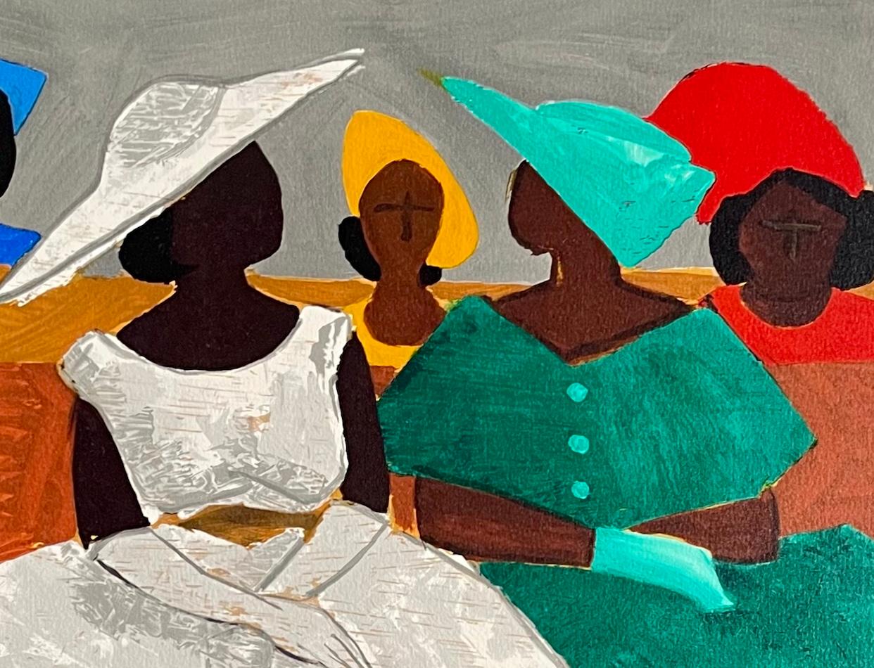 PRIMA DOMENICA Litografia firmata, Donne della Chiesa Nera, Cappelli Bambini Cultura Gullah - Figurative Print Beige di Jonathan Green