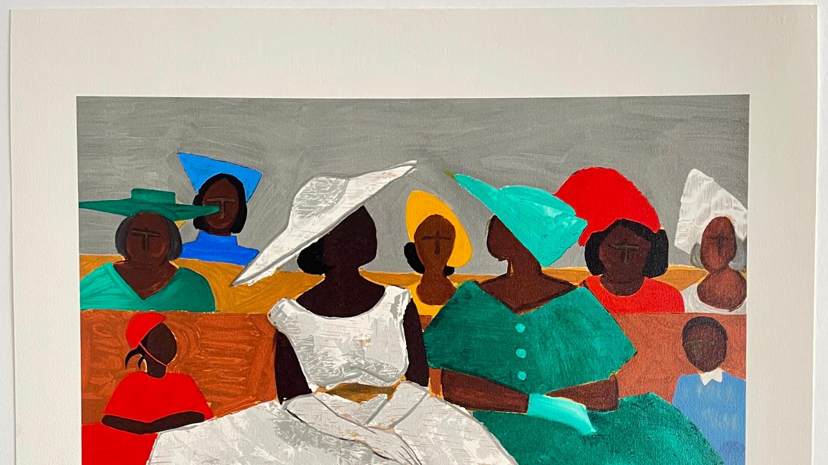 PRIMA DOMENICA Litografia firmata, Donne della Chiesa Nera, Cappelli Bambini Cultura Gullah in vendita 3