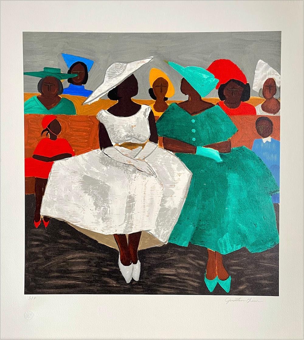 Figurative Print di Jonathan Green - PRIMA DOMENICA Litografia firmata, Donne della Chiesa Nera, Cappelli Bambini Cultura Gullah
