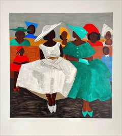 FIRST SUNDAY Signed Lithograph, Black Church Women, Hats Children Gullah Culture