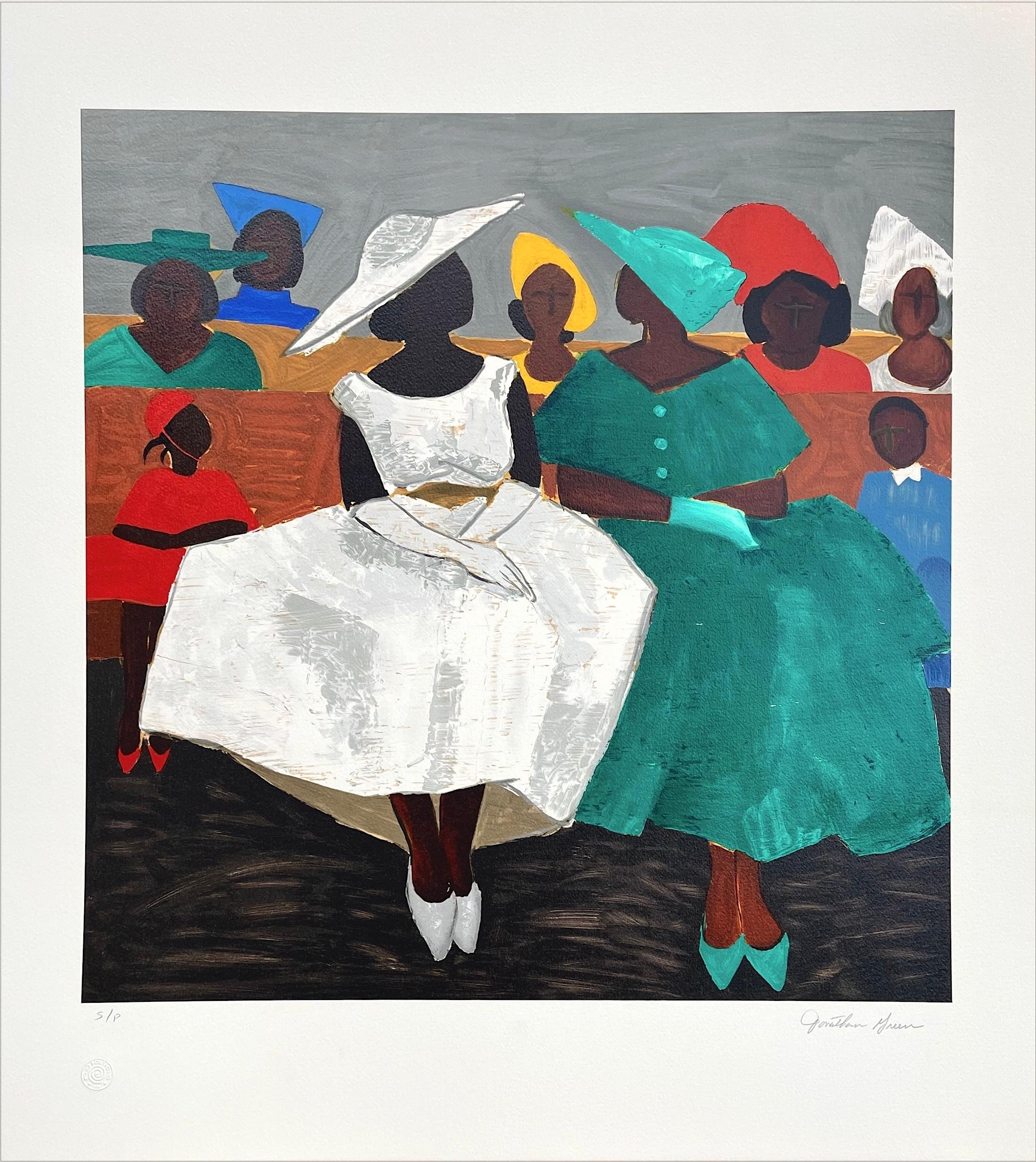 FIRST SUNDAY Signed Lithograph, Black Church Women, Hats Children Gullah Culture