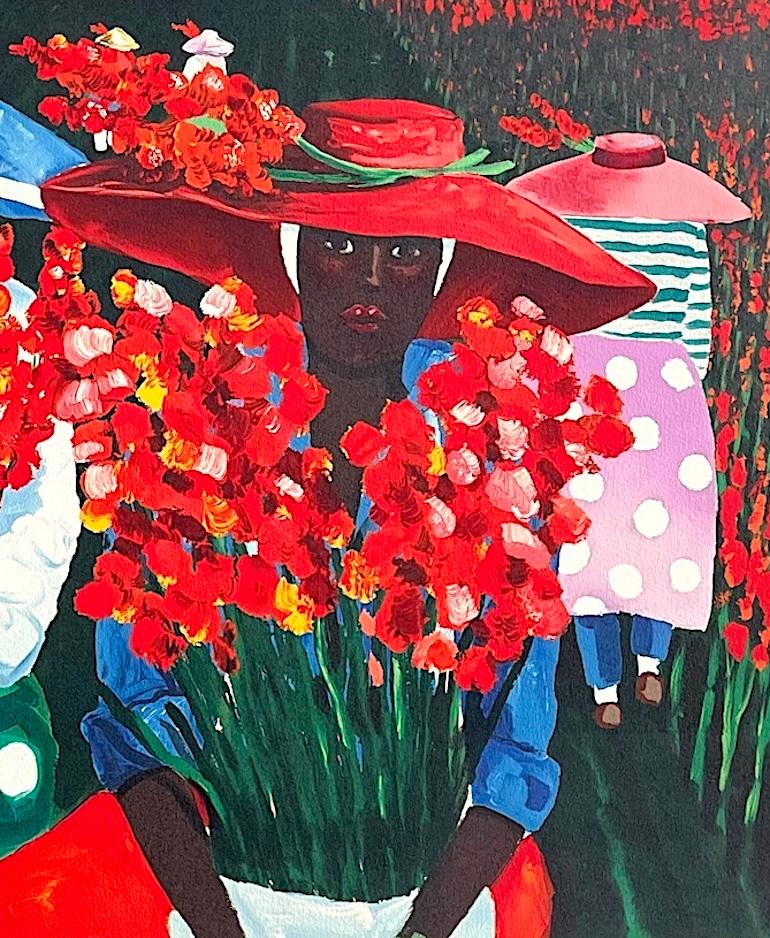COSECHA DE GLADIOLUS es una litografía dibujada a mano en edición limitada por el artista afroamericano JONATHAN GREEN, impresa mediante técnicas de litografía manual en papel Arches de archivo, 100% libre de ácido. COSECHA DE GLADIOLOS es una