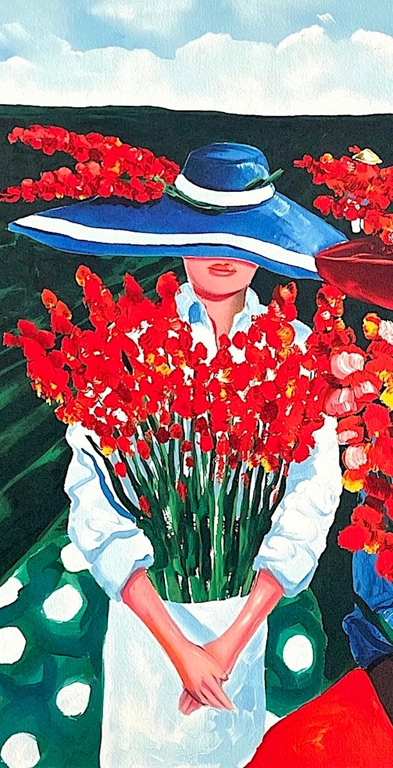 GLADIOLUS HARVEST Litografía firmada, Mujeres en un campo de flores, Cultura Gullah - Figurative Print Rojo de Jonathan Green