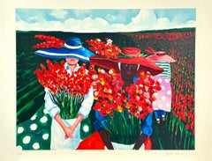Lithographie signée GLADIOLUS HARVEST, Women In Field of Flowers (Femmes dans un champ de fleurs), culture Gullah