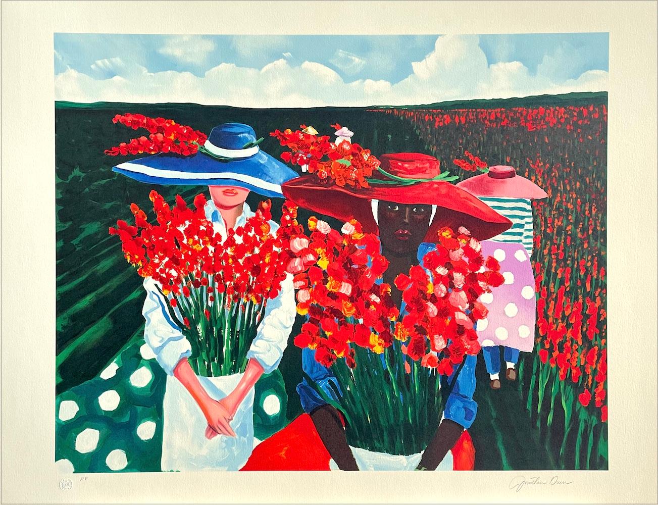 GLADIOLUS HARVEST Litografía firmada, Mujeres en un campo de flores, Cultura Gullah - Print de Jonathan Green