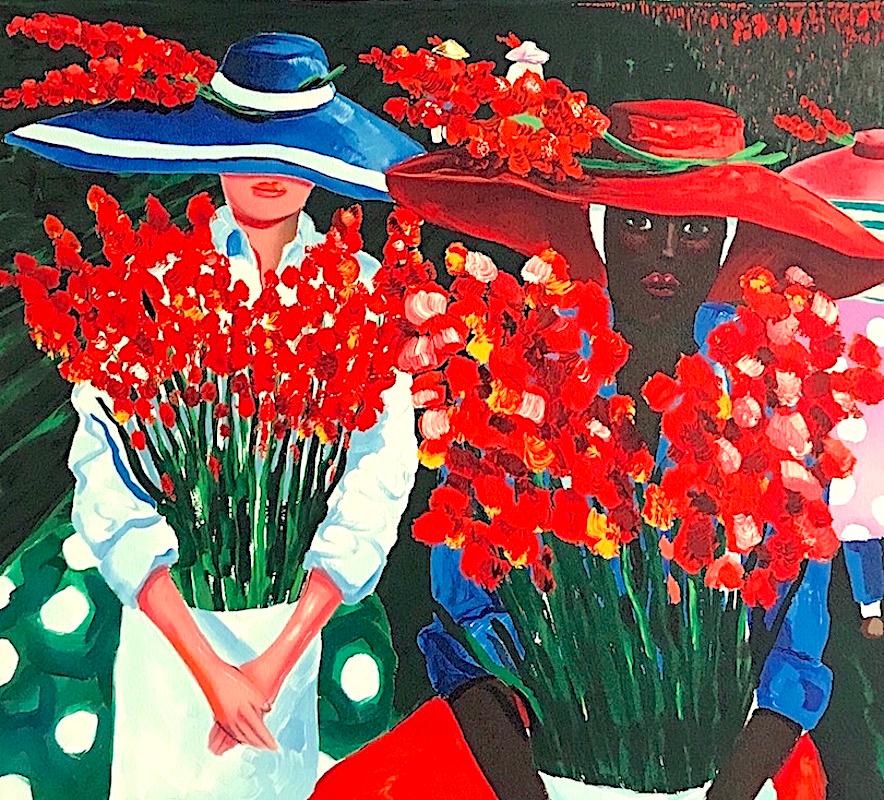 GLADIOLUS HARVEST Litografía firmada, Mujeres en un campo de flores, Cultura Gullah - Print Contemporáneo de Jonathan Green