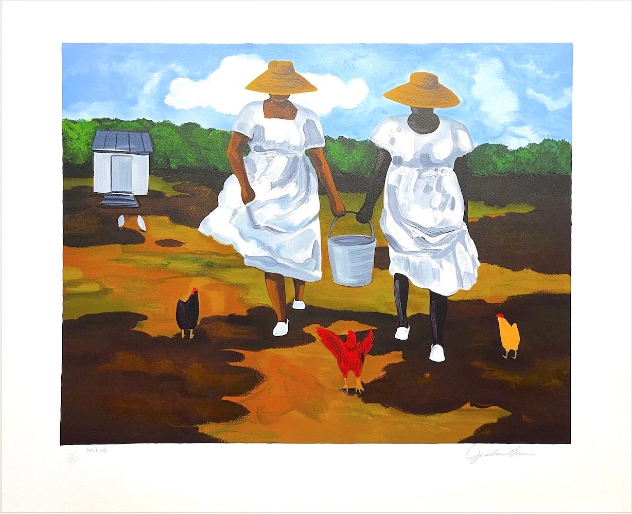 SHARING THE CHORES Signed Lithograph Black Women African American Gullah Culture - Print by Jonathan Green