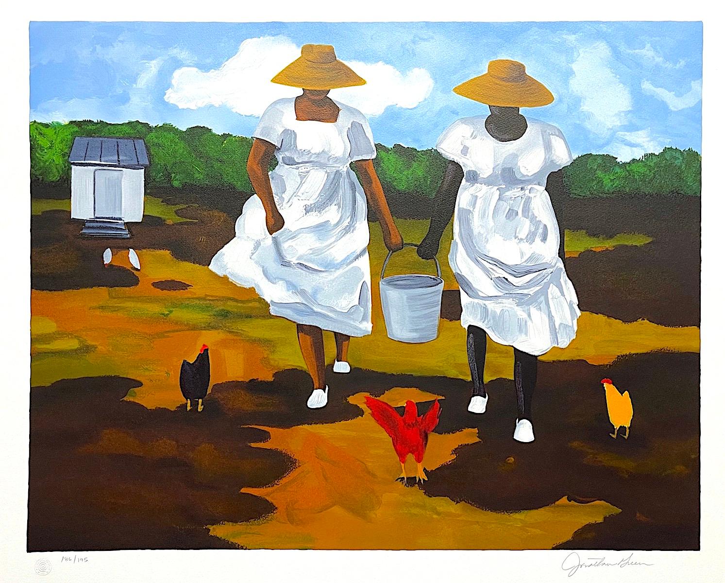 SHARING THE CHORES Signed Lithograph Black Women African American Gullah Culture - Print by Jonathan Green