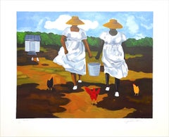 Vintage SHARING THE CHORES Signed Lithograph Black Women African American Gullah Culture