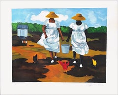 Vintage SHARING THE CHORES Signed Lithograph Black Women African American Gullah Culture