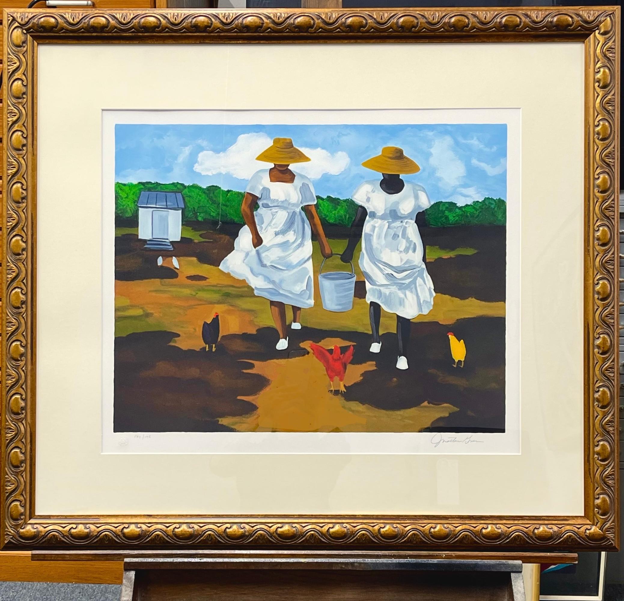 SHARING THE CHORES Signierte Lithographie Schwarze Frauen, Bauernhof Hühner, Gullah Culture – Print von Jonathan Green