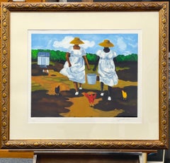 SHARING THE CHORES Signed Lithograph Black Women, Farm Chickens, Gullah Culture