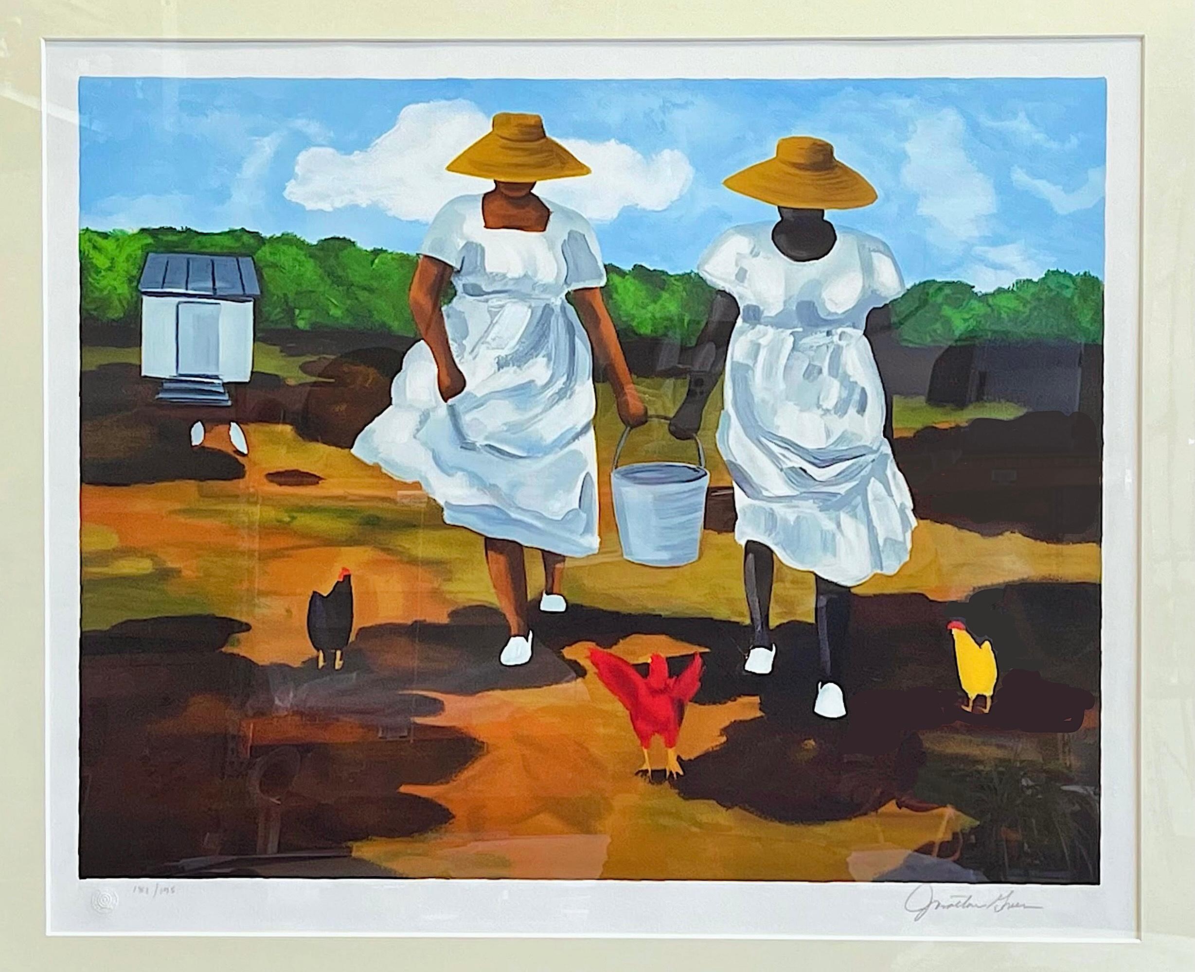 SHARING THE CHORES Signierte Lithographie Schwarze Frauen, Bauernhof Hühner, Gullah Culture (Zeitgenössisch), Print, von Jonathan Green