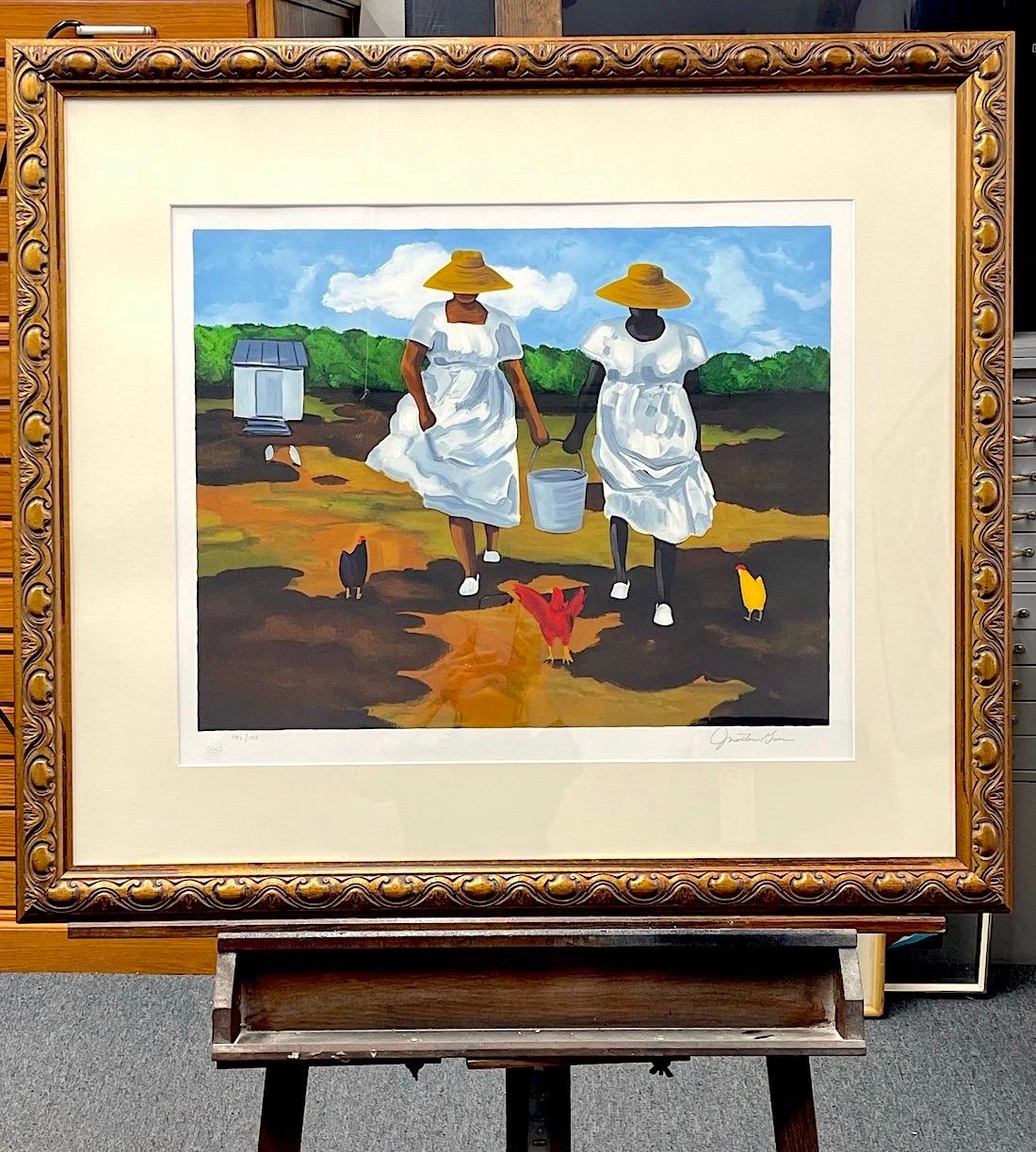 SHARING THE CHORES Signierte Lithographie Schwarze Frauen, Bauernhof Hühner, Gullah Culture im Angebot 3