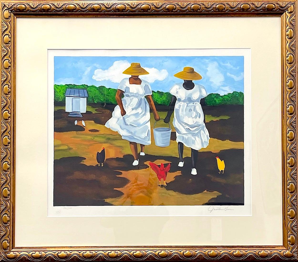 Figurative Print di Jonathan Green - SHARING THE CHORES Litografia firmata Donne nere, galline della fattoria, cultura Gullah