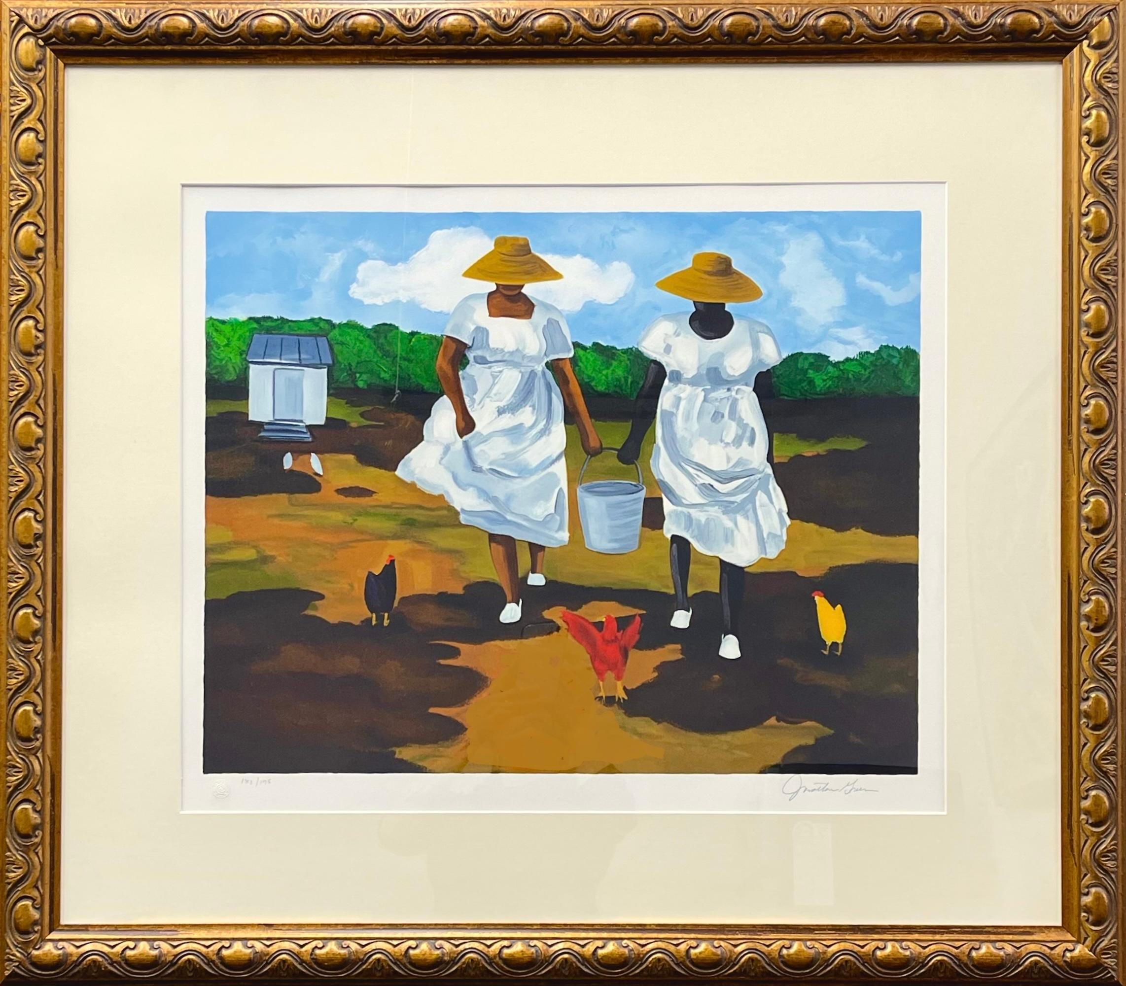 Lithographie signée Black Women, Farm Chickens, culture Gullah