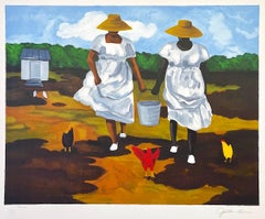 SHARING THE CHORES Signed Lithograph, Farm Women Chickens Geechee Gullah Culture