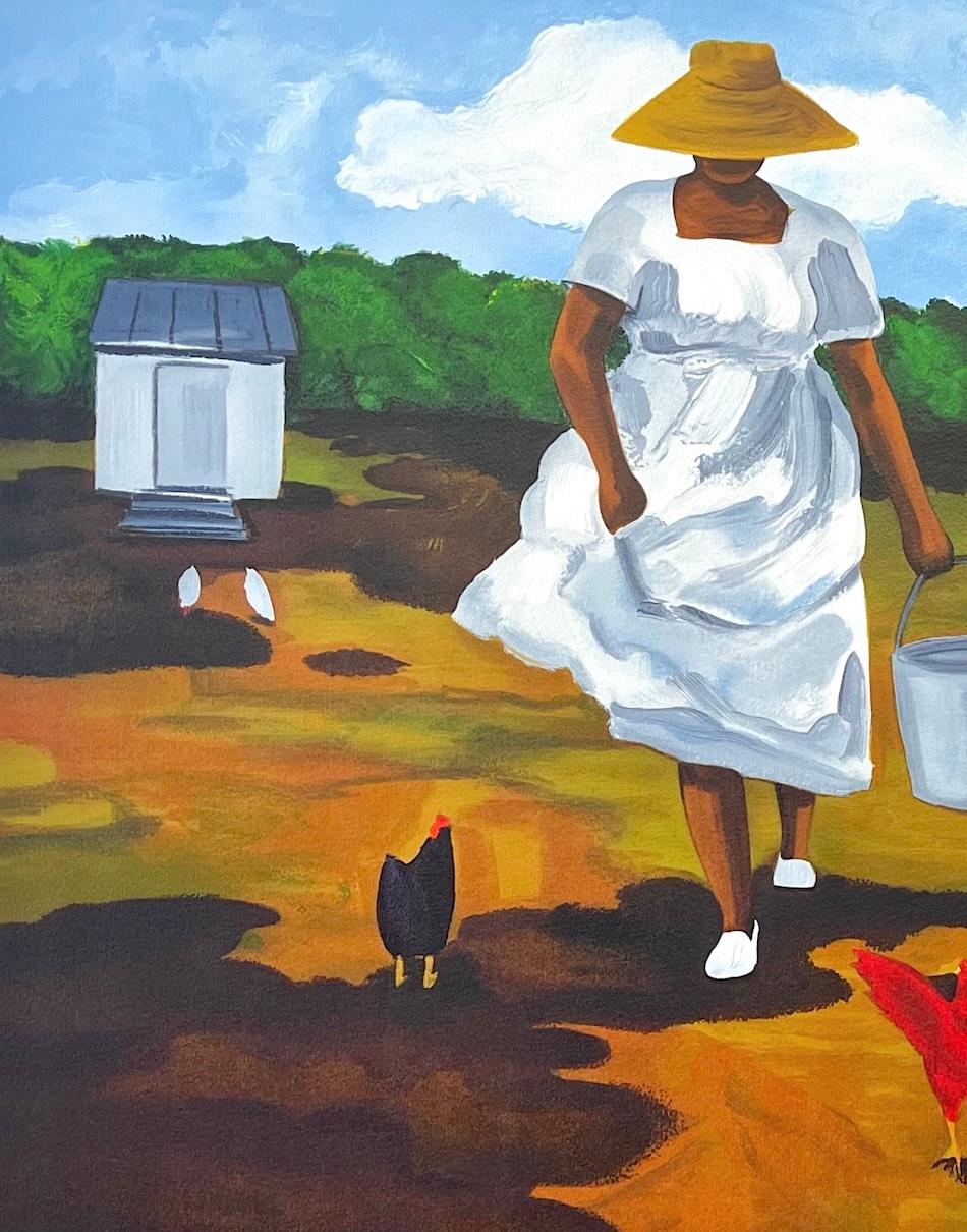 Lithographie signée « SHARING THE CHORES », « Farm Women Chickens Geechee Gullah Culture - Contemporain Print par Jonathan Green