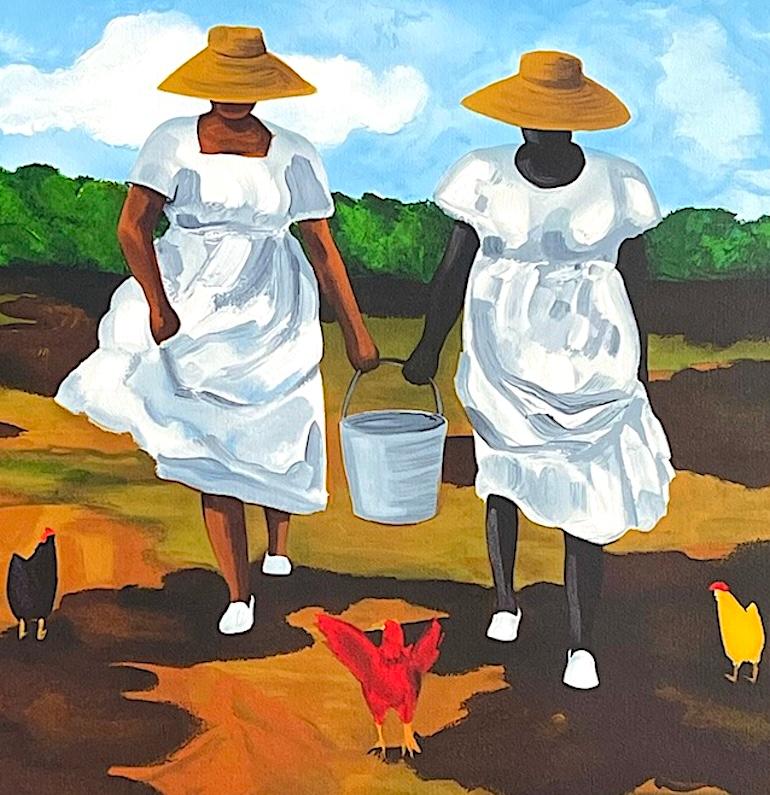 Lithographie signée « SHARING THE CHORES », « Farm Women Chickens Geechee Gullah Culture - Gris Figurative Print par Jonathan Green