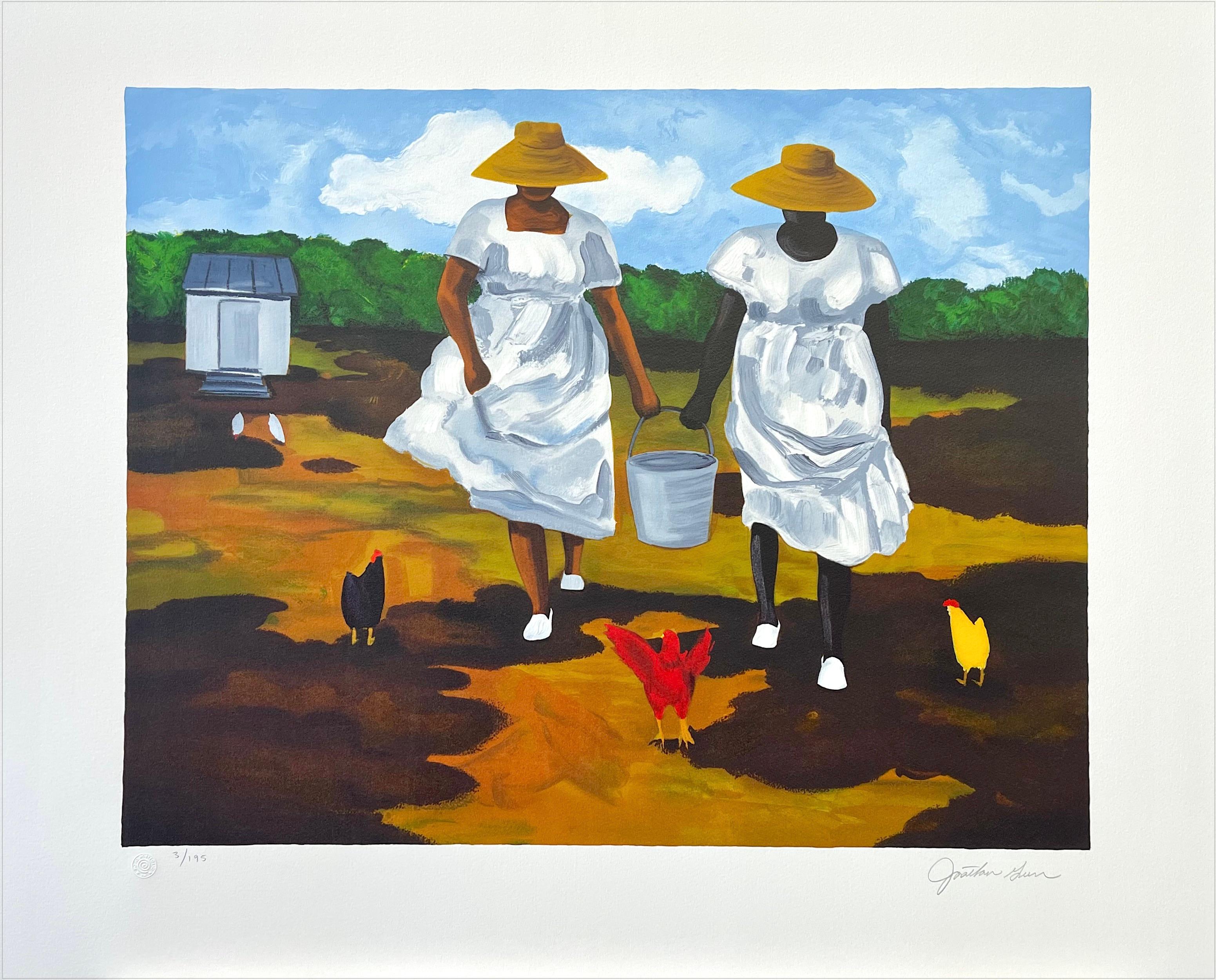 Lithographie signée « SHARING THE CHORES », « Farm Women Chickens Geechee Gullah Culture en vente 2