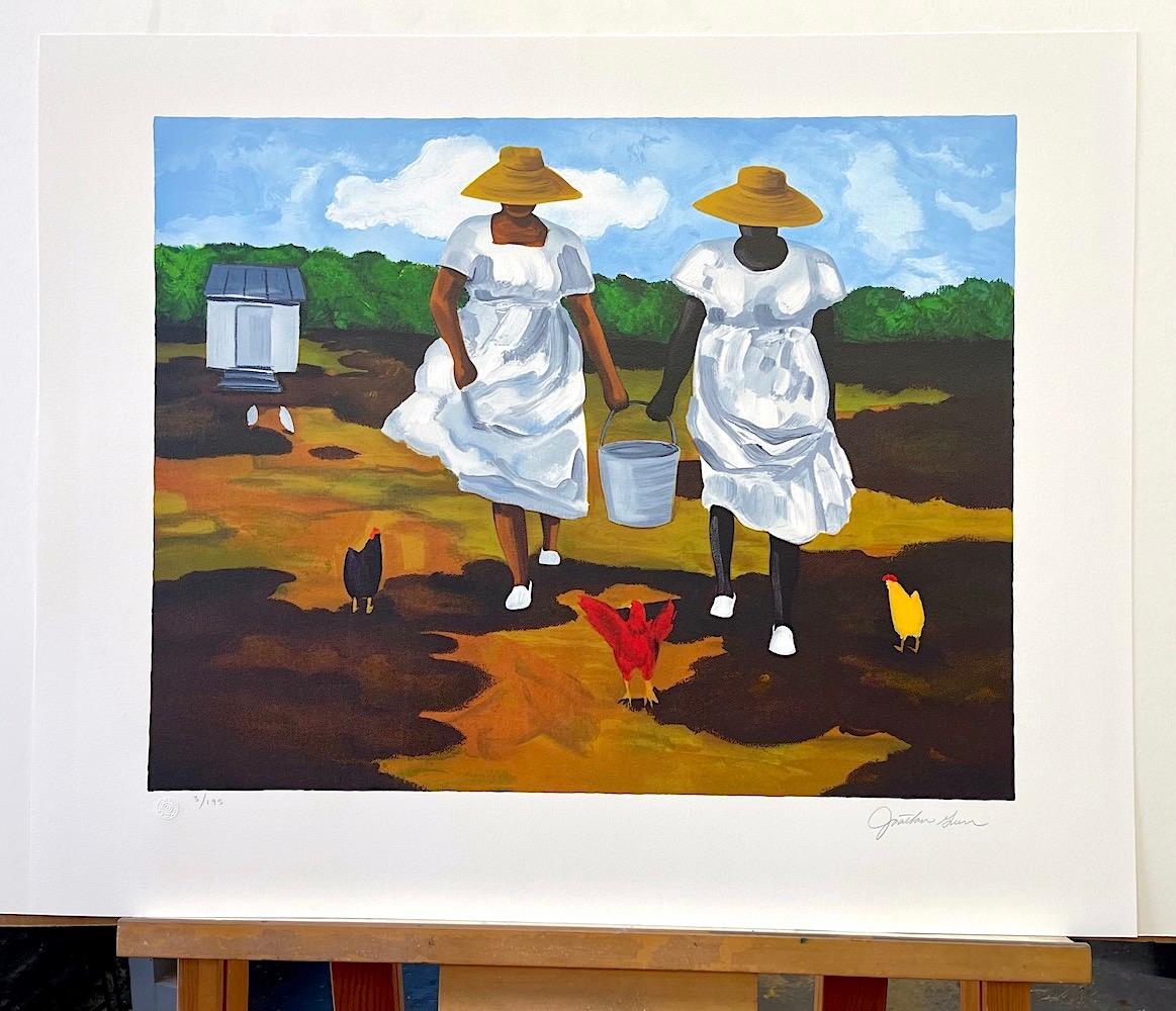 Lithographie signée « SHARING THE CHORES », « Farm Women Chickens Geechee Gullah Culture en vente 3
