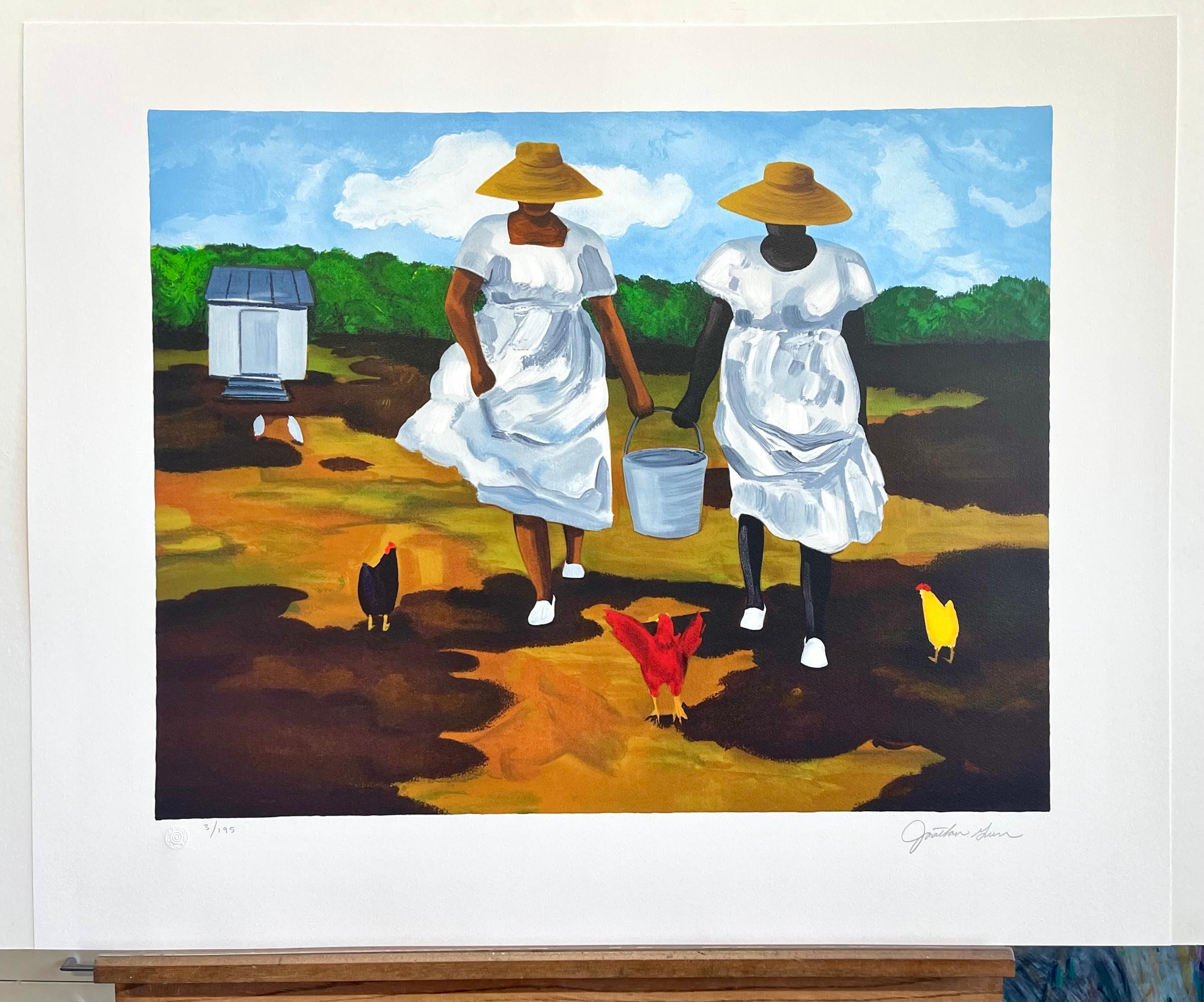 COMPARTIR LOS COROS Litografía firmada, Mujeres granjeras Gallinas Cultura Geechee Gullah en venta 3