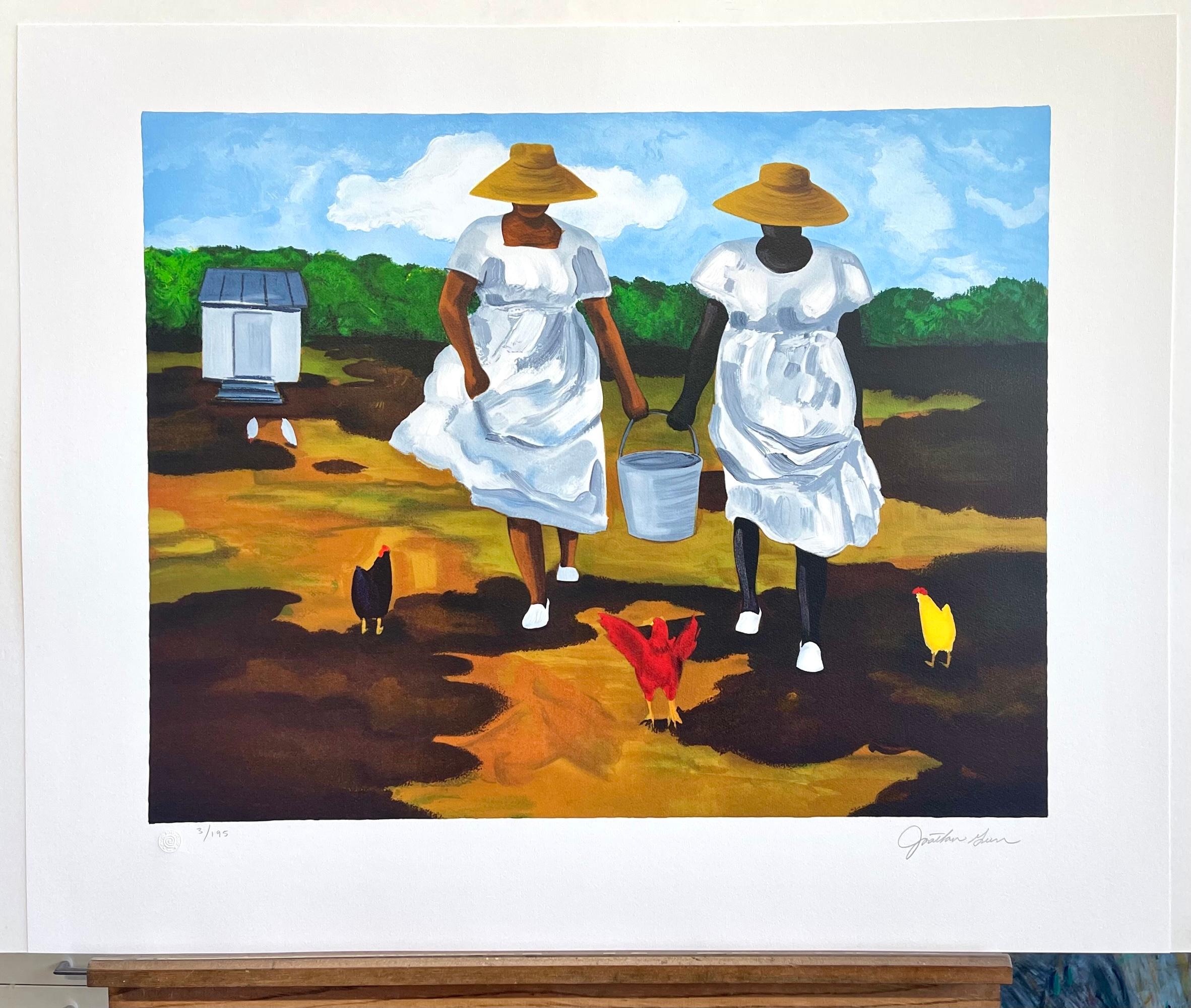 SHARING THE CHORES Signierte Lithographie, Bauern Frauen Hühner Geechee Gullah Kultur im Angebot 3