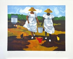 SHARING THE CHORES Signed Lithograph, Farm Women Chickens Geechee Gullah Culture