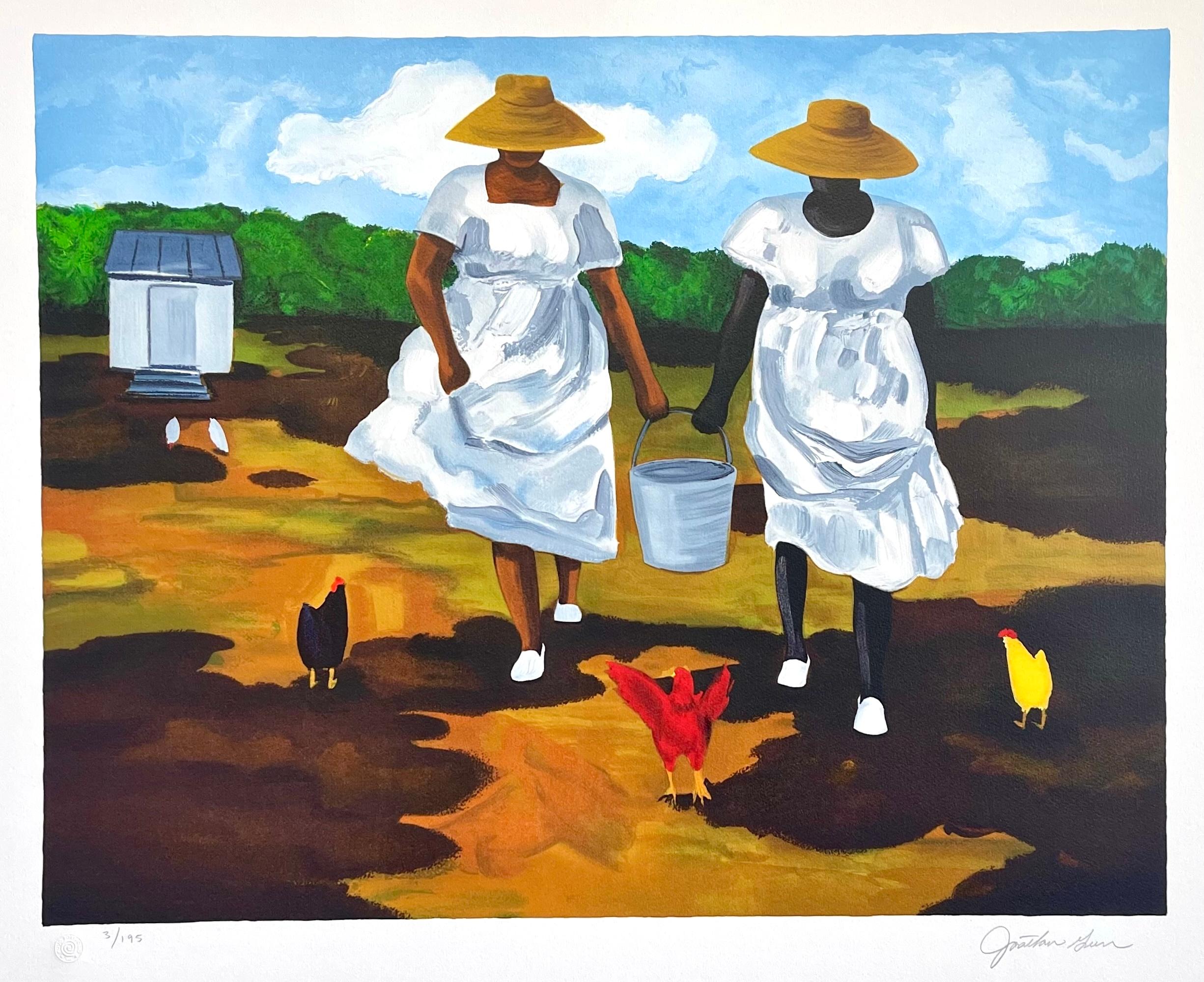 Lithographie signée « SHARING THE CHORES », « Farm Women Chickens Geechee Gullah Culture