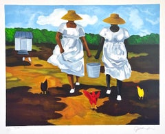 SHARING THE CHORES Signierte Lithographie, Bauern Frauen Hühner Geechee Gullah Kultur