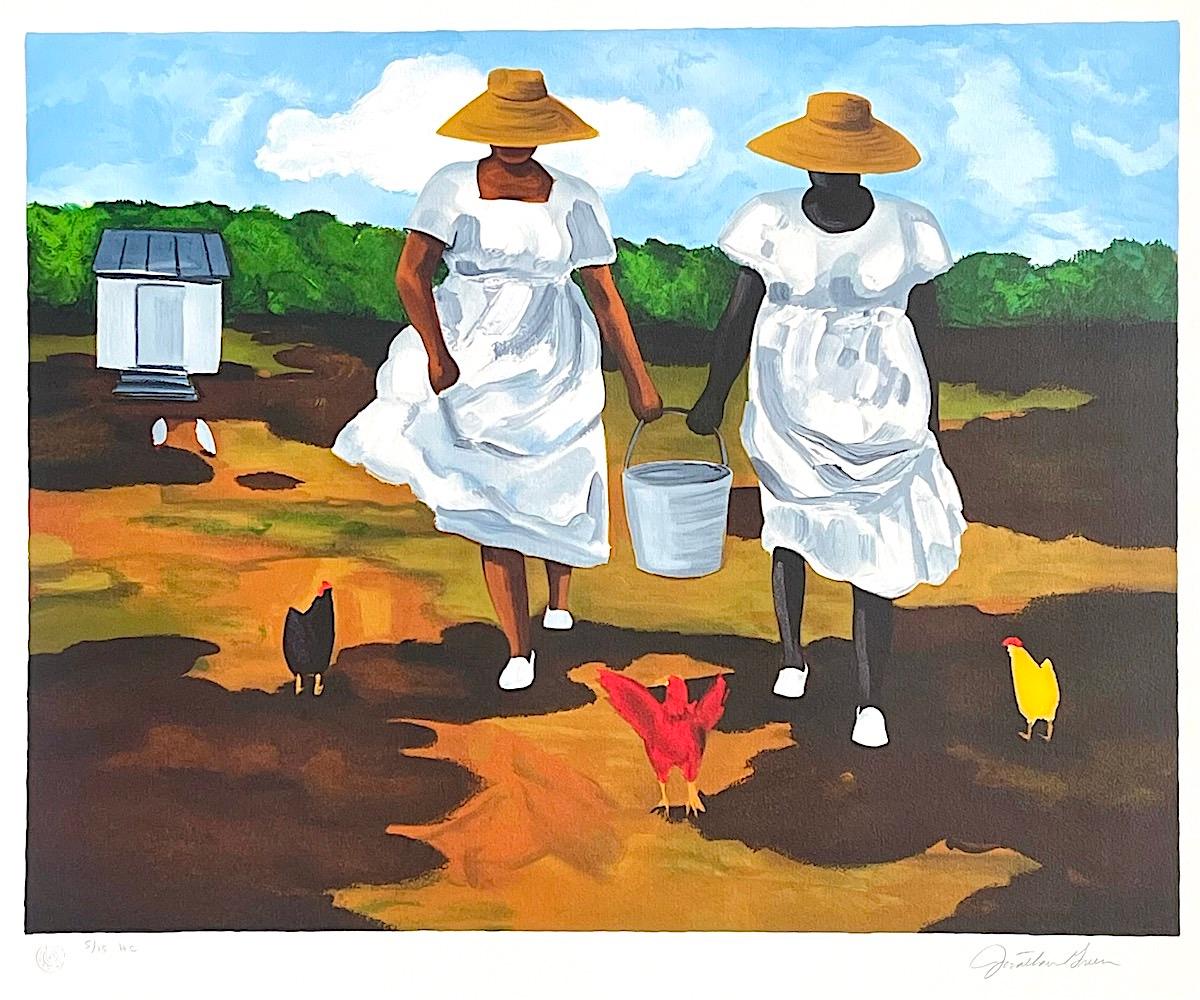 SHARING THE CHORES Signed Lithograph, Two Women Feeding Chickens, Gullah Culture - Print by Jonathan Green