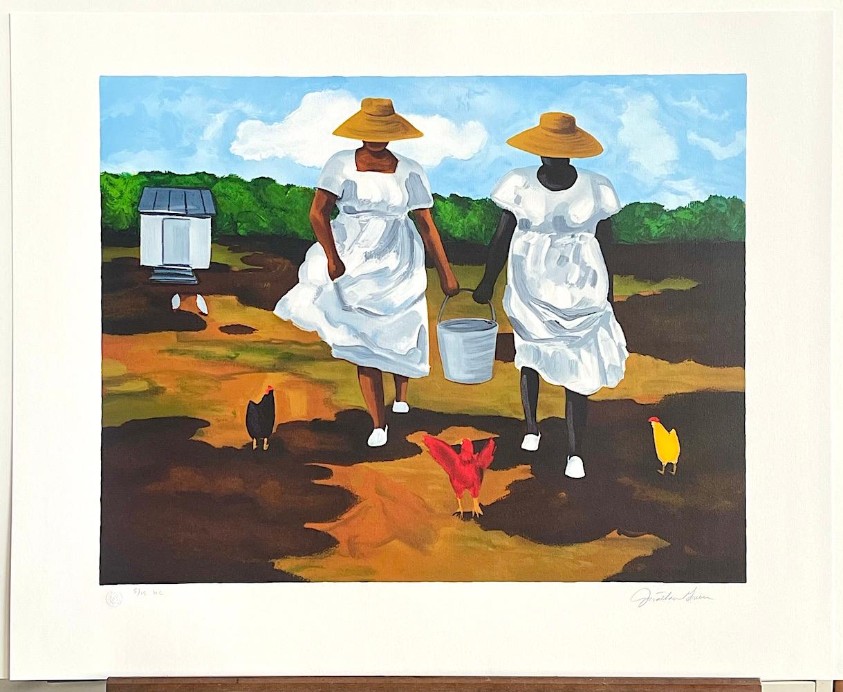 SHARING THE CHORES Signed Lithograph, Two Women Feeding Chickens, Gullah Culture - Contemporary Print by Jonathan Green