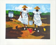 Lithographie signée SHARING THE CHORES, deux femmes nourrissant des poules, culture Gullah