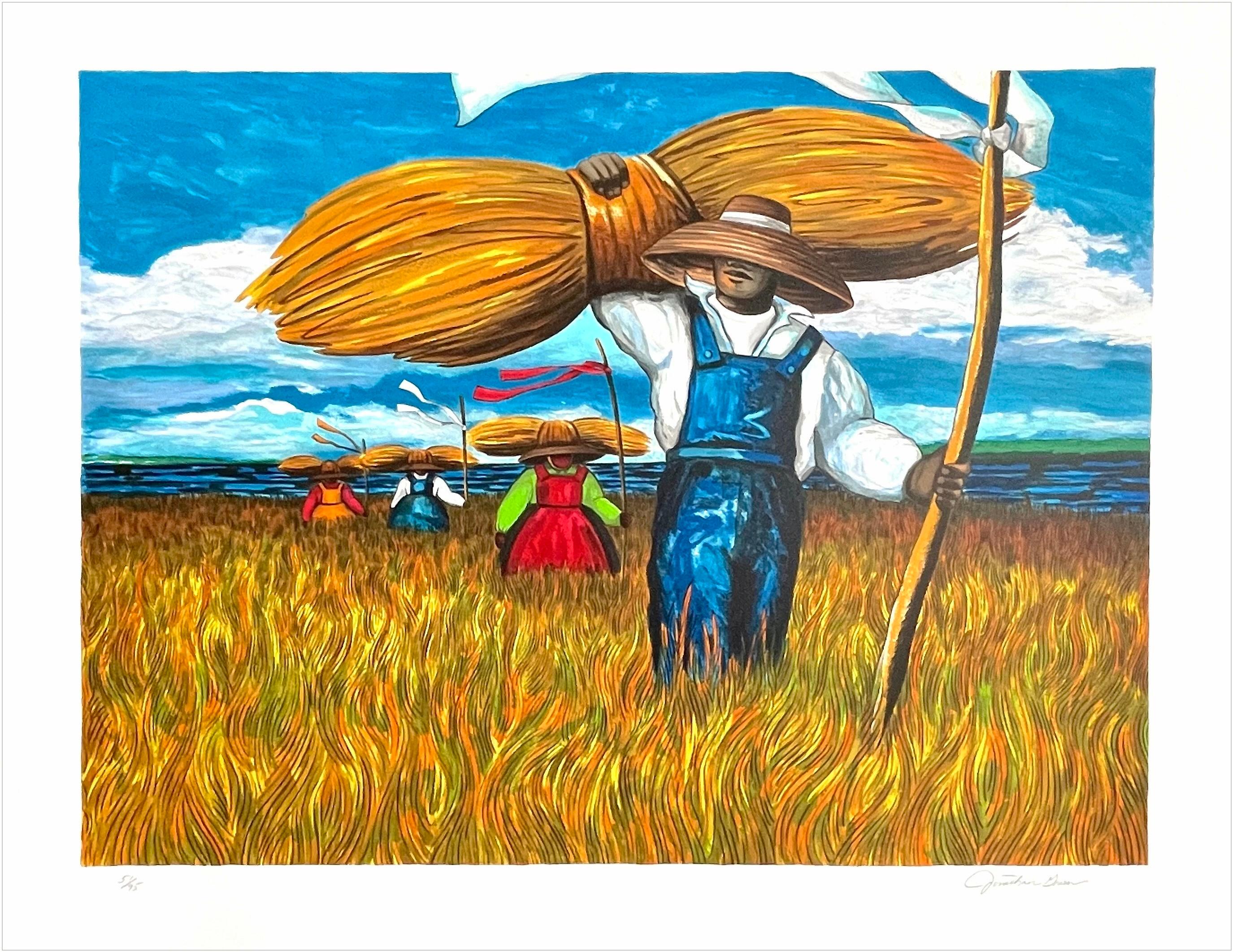 Jonathan Green Landscape Print - SWEETGRASS CARRIERS Signed Lithograph, Black Farmer Lowcountry Geechee Gullah