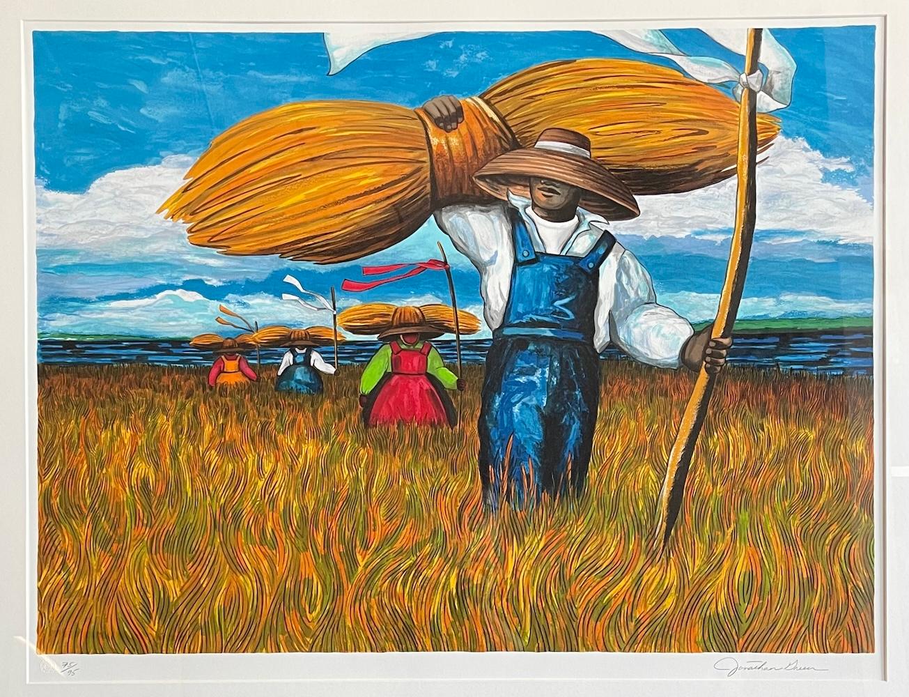 SWEETGRASS CARRIERS Litografia firmata e incorniciata, contadino nero Lowcountry SC Gullah - Print di Jonathan Green