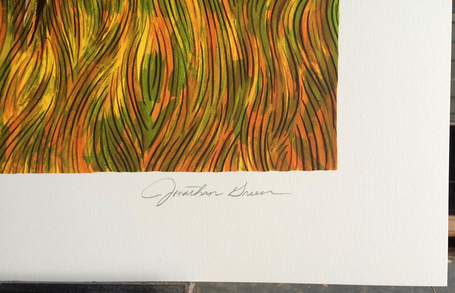 SWEETGRASS CARRIERS ist eine handgezeichnete Lithographie in limitierter Auflage (keine Fotoreproduktion oder ein Digitaldruck) des renommierten amerikanischen Künstlers JONATHAN GREEN, gedruckt in 17 Farben mit handlithographischen Techniken auf