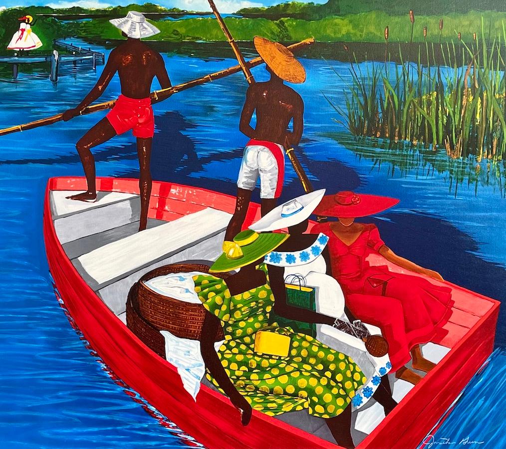 EL ESCORPIO DE RUTH Litografía firmada, Tres mujeres en una barca roja, Cultura gullah - Print de Jonathan Green