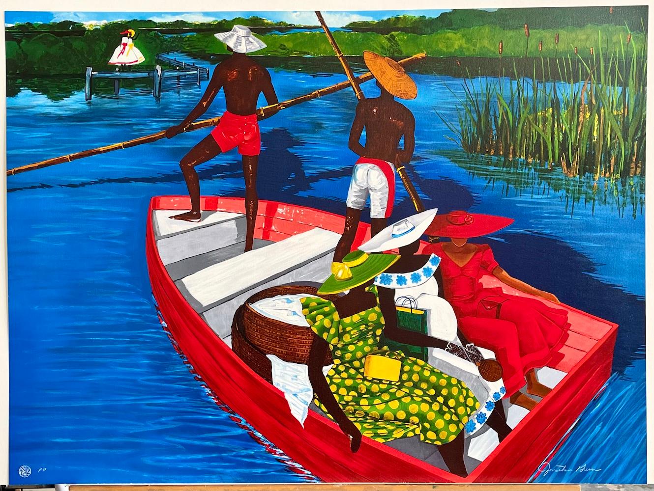 EL ESCORPIO DE RUTH Litografía firmada, Tres mujeres en una barca roja, Cultura gullah en venta 1