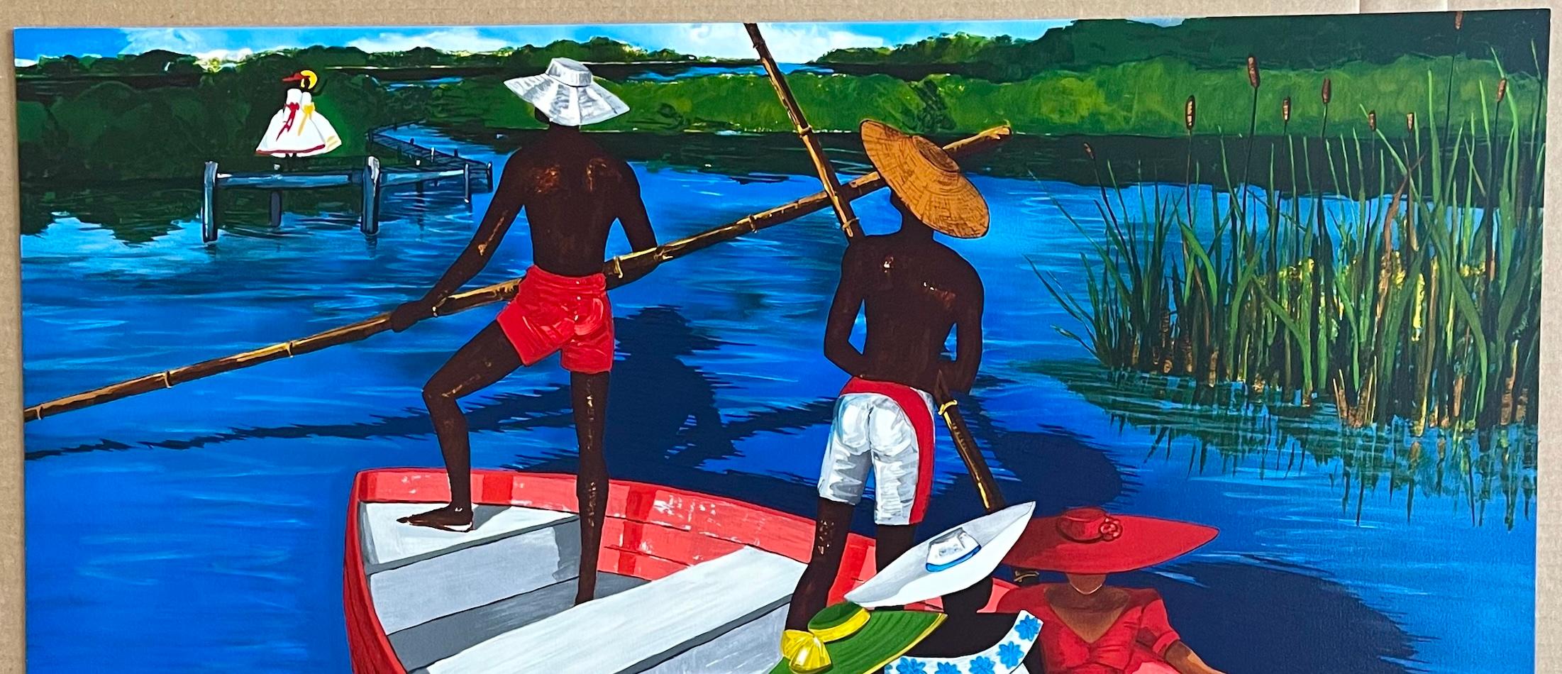 EL ESCORPIO DE RUTH Litografía firmada, Tres mujeres en una barca roja, Cultura gullah en venta 2