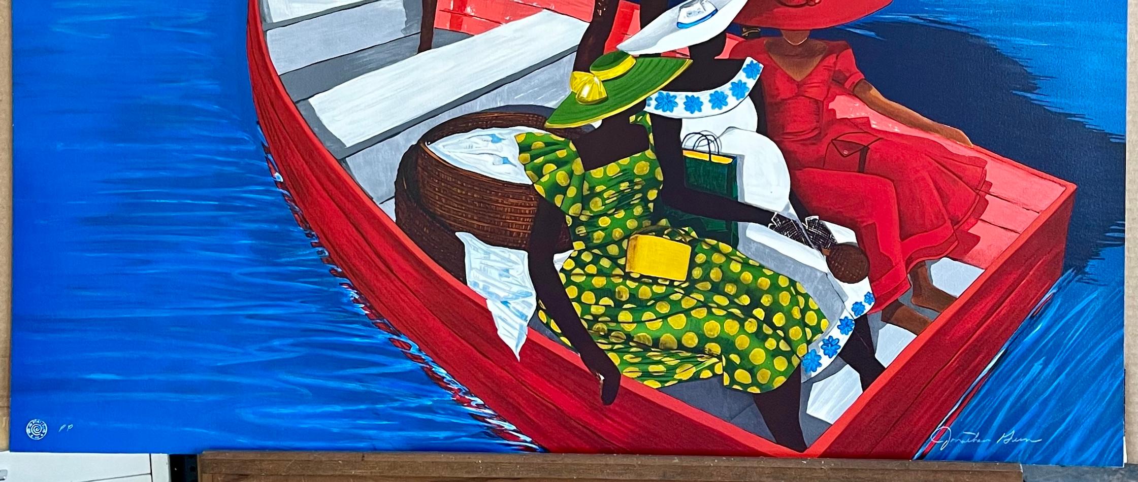 EL ESCORPIO DE RUTH Litografía firmada, Tres mujeres en una barca roja, Cultura gullah en venta 3