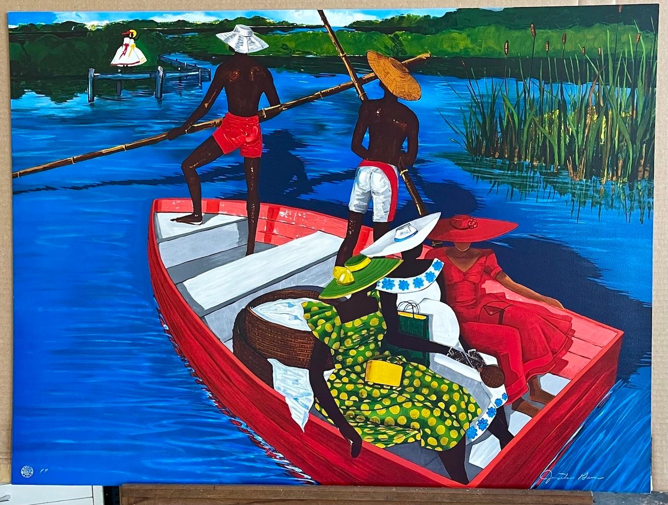 EL ESCORPIO DE RUTH Litografía firmada, Tres mujeres en una barca roja, Cultura gullah en venta 4