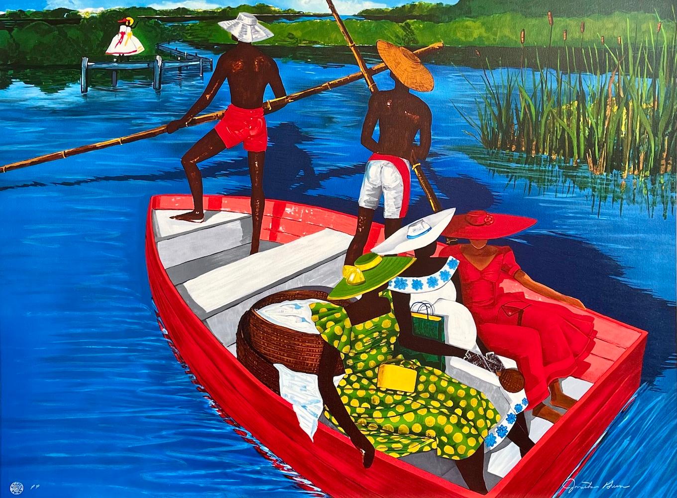 Landscape Print de Jonathan Green - EL ESCORPIO DE RUTH Litografía firmada, Tres mujeres en una barca roja, Cultura gullah